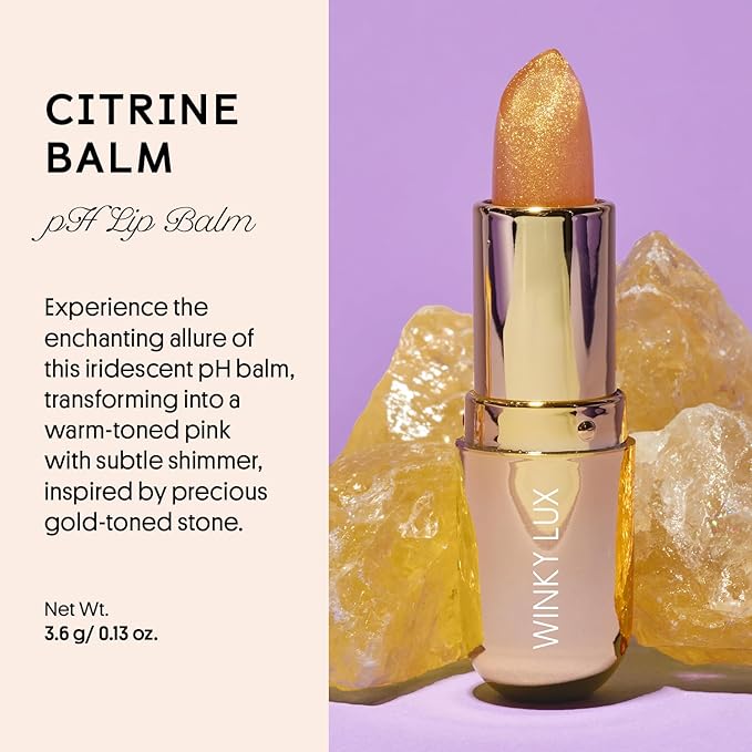 Winky Lux Citrine Glimmer Balm – Nourishing pH Lip Balm with Color Changing Golden Pink Tint, Hydrating Ceramides Soften Lips, Coconut Scent