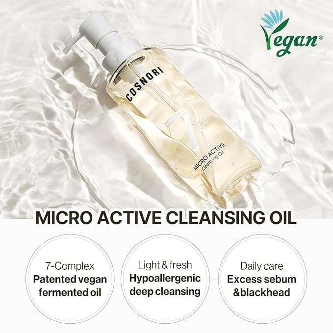 COSNORI 7-Complex Micro Active Cleansing Oil – Korean Vegan Facial Cleansing Oil, Fresh and Light Finish – Gentle Makeup Remover for Face, Hypoallergic, Fermented 7-Oil Complexes, 6.7 fl.oz.