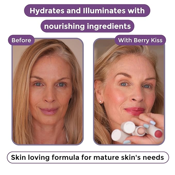 BloomBlush+ Multipurpose Color Stick For Older Women - Blush, Lipstick & Contour in 1- Radiant, Healthy Glow & Nourishing Formula - For Sensitive Skin (Berry Kiss, Regular)