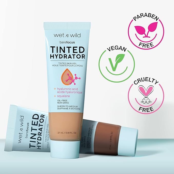 wet n wild Bare Focus Tinted Hydrator Tinted Skin Veil, Lightweight Buildable Coverage with Hyaluronic Acid & Vegan Squalane, Semi-Matte Finish, Cruelty-Free - Medium Deep