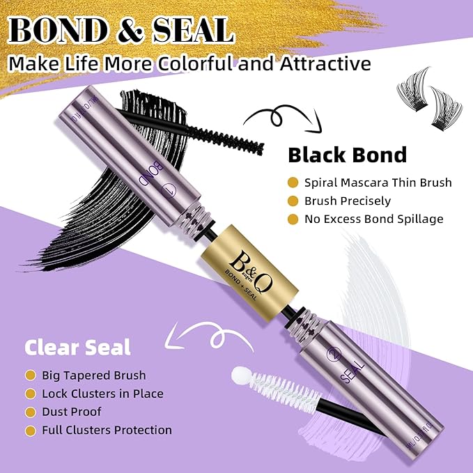 Lash Bond and Seal 10ML Cluster Lash Glue Bond and Seal Glue Waterproof Long Lasting Mascara Wand Lash Extension Bond and Seal Strong Hold 2 in 1 Bond and Seal ?Black Bond and Seal,10ML?
