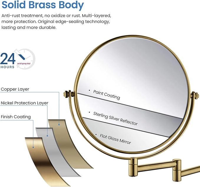 KIBI Circular Wall Mount Makeup Mirror, Dual-Sided 1x/5x Magnifying Mirror with Extendable Arm, 360° Swivel, Solid Brass Construction for Durability and Style (Brushed Brass - KMM100)