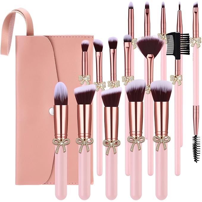 Chengu 16 Pcs Bow Makeup Brush Set with Makeup Brush Storage Bag Soft Bristles Foundation, Powder, Concealer, Eyeshadow, Blush Brushes Kit