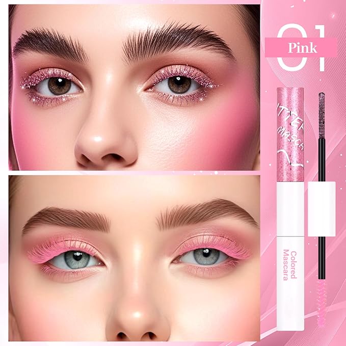 DAGEDA Pink Dual-Ended Mascara, 2 In 1 Quick-Drying Glitter & Matte Colored Mascara for Eyelashes, Smudge-proof Lengthening Voluminous Curling Eye Makeup Look 01