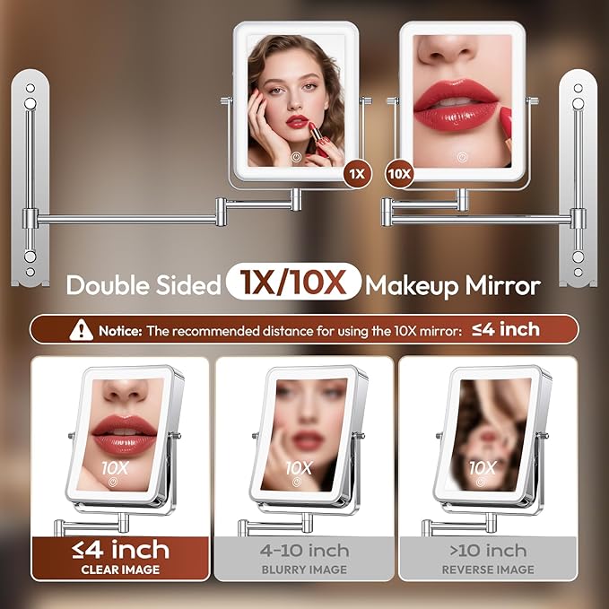 Height Adjustable Wall Mounted Lighted Makeup Mirror with Lights, 10X Magnifying Mirror for Bathroom, 7in Slide Rail and 360° Extended Arm, Rechargeable Wall Mirror with Dual Hooks for Hotel