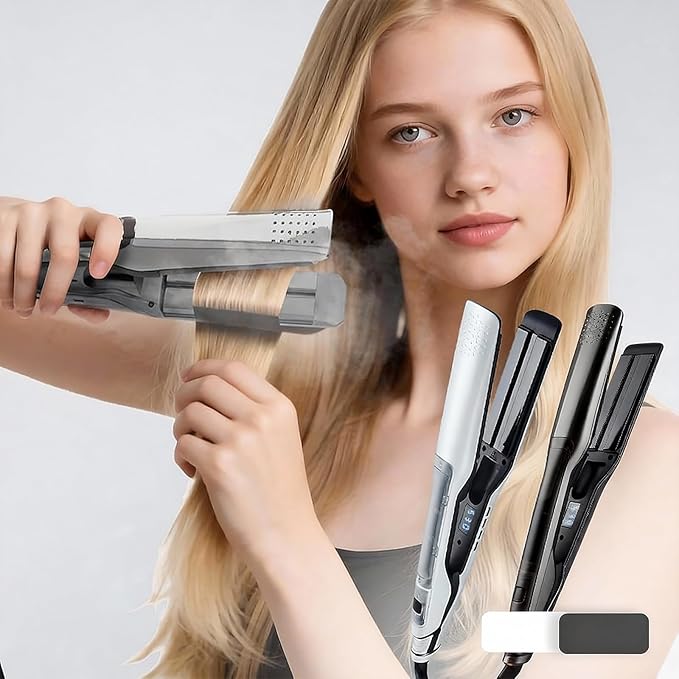 Hair Straighteners with Steam 2026 New Professional 2 in 1 Ceramic Flat Iron and Curler with 360° Swivel Cord Straightener and Curling Iron for Straight Curly Frizzy Hair, White