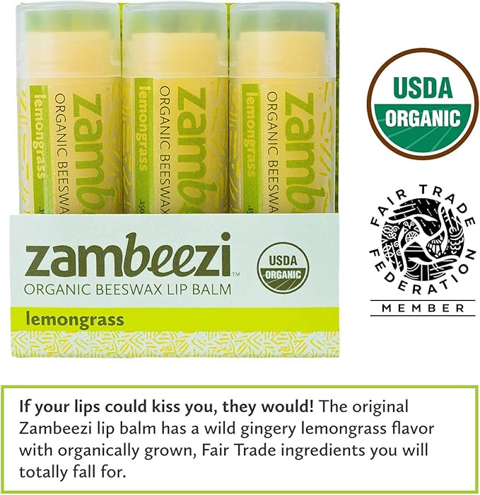 Organic, Fair Trade Beeswax Lip Balm - Lemongrass 3 Pack - Ethically Sourced