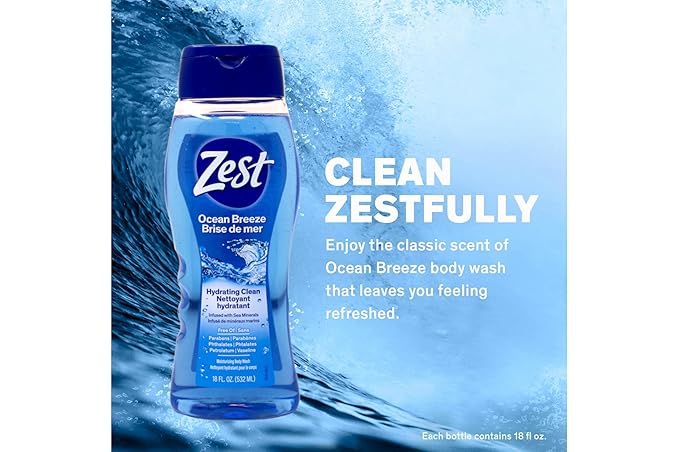 Zest Ocean Breeze Body Wash - Enriched with Sea Minerals - Rich Lathering Cleansing Body Wash Leaves Your Skin Feeling Smooth and Moisturized With an Invigorating Scent, 18 Fl Oz (Pack of 6)