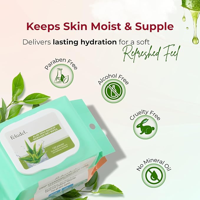 FELADEL - 240pcs Makeup Remover Wipes Set - 120pc Aloe Vera Face Makeup Wipe +120pc Deep Cleaning Makeup Remover Wipe | Easily Removes all difficult makeupes. Ultra-Soft Face wipes