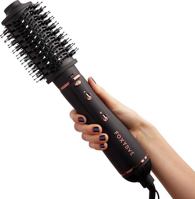 FoxyBae 3-in-1 Ceramic Interchangeable Hair Tools - Blowout Dryer - 3 Detachable Heads: 2.4" Blowout-Brush, 1.5" Hot Round Brush & Drying Cylinder Hair-Dryer & Hair Styling Set (Black Rose-Gold)