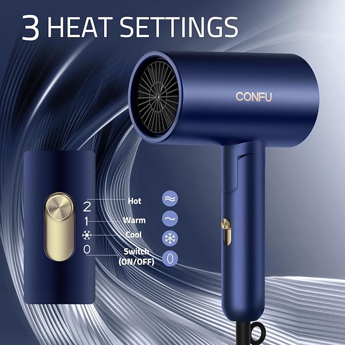 CONFU Diffuser Hair Dryer for Curly Hair,1500W Fast Drying Blow Dryer with Diffuser for Women,Compact & Portable Negative Ion Hairdryer Blowdryer,Lightweight and Foldable Design for Travel(Blue)
