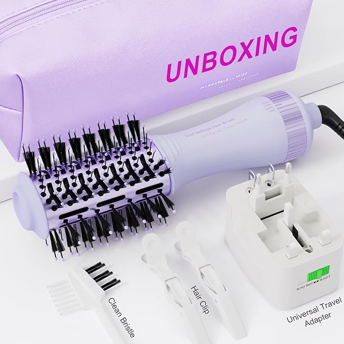 Dual Voltage Hair Dryer Brush Travel Blow Dryer Brush in One,2 inch Portable Mini Hot Air Brush,Travel Hair Tools/Volumizer/Straightener/Curler,European Blow Dry Brush with EU&UK Plug