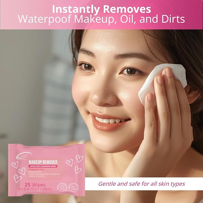 Air Jungles Makeup Remover Wipes 25 Count, Alcohol-Free & Fragrance-Free, Extra Large Facial Towelettes for Face & Eyes, Removes Waterproof Makeup, Infused with Vitamin E