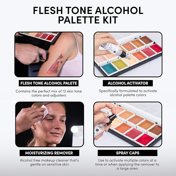 Narrative Cosmetics Flesh Tone Alcohol-Activated Palette, Activator, and Remover Kit, Professional SFX Makeup Set, Tattoo Cover