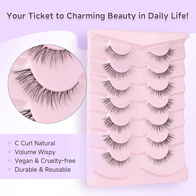 False Eyelashes Natural 11mm Short Lashes Wispy Eyelashes with Thin Band 3D Volume False Lashes Soft Strip Lashes Pack C Curl Natural Eyelashes Fake Lashes 7 Pair EVENTILL