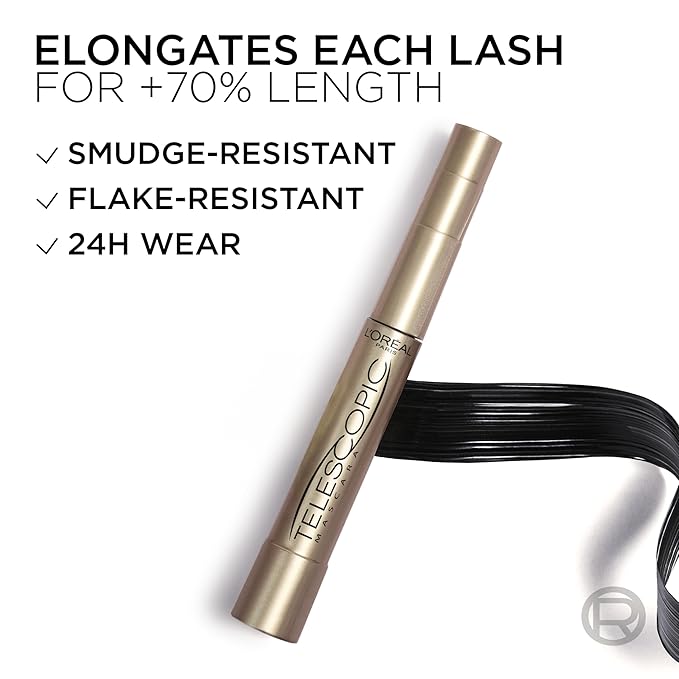 L'Oreal Paris Makeup Telescopic Original Lengthening, Lash Separating Mascara with Dual Precision Brush, Washable, Blackest Black, 0.27 Fl Oz., 1 Count
