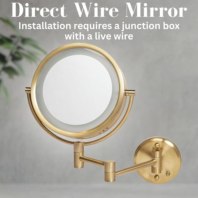 JERDON Wall-Mounted Makeup Mirror with LED Light - Direct Wire Lighted Makeup Mirror with 8X Magnification - 8.5-inch Diameter Mirror with Gold Finish Wall Mount - Model HL75BGD