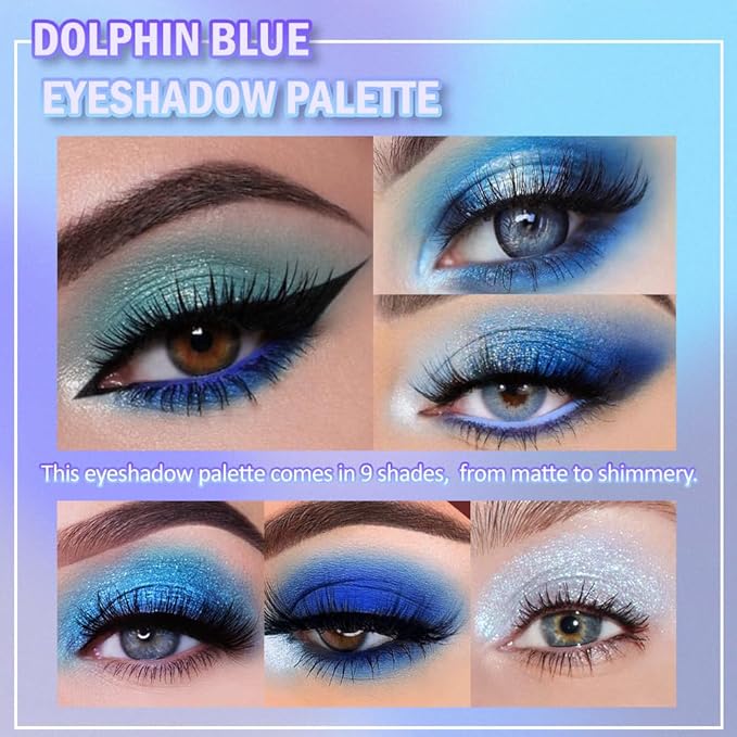 AMY'S DIARY Matte Shimmer Light Deep Blue Eye Shadow Palette Makeup,Eyeshadow Long Lasting Waterproof Cruelty-Free, 9 Blendable Shades in Smooth Finishes with Gorgeous Pearls for Girls (Blue)