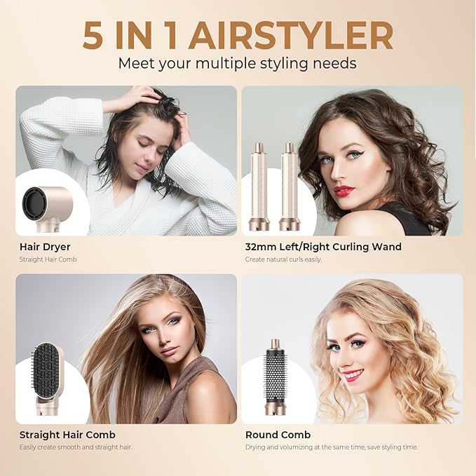 Blow Dryer Brush 5 in 1, Negative Ion Hair Dryer Brush Set Upgrade Hot Air Brush Air Styler Curling Wrap Air Curler, Curling Iron Hair Styling Tools As A Gift for Straight/Curl/Drying/Smoothing