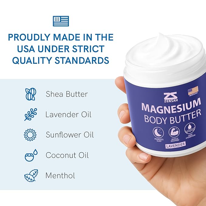 Zensah Magnesium Body Butter for Athletes - Muscle Recovery Cream with Lavender and Menthol, Post Workout Lotion for Muscle Soreness Relief & Enhanced Sleep, Christmas Stocking Stuffers for Runners