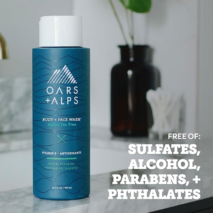 Oars + Alps Body and Face Wash for Men, Mens Body Wash & Face Cleanser with Vitamin E and Antioxidants, Moisturizing, Hydrating, Paraben & Sulfate Free Cleanser, Alpine Tea Tree, 3pk
