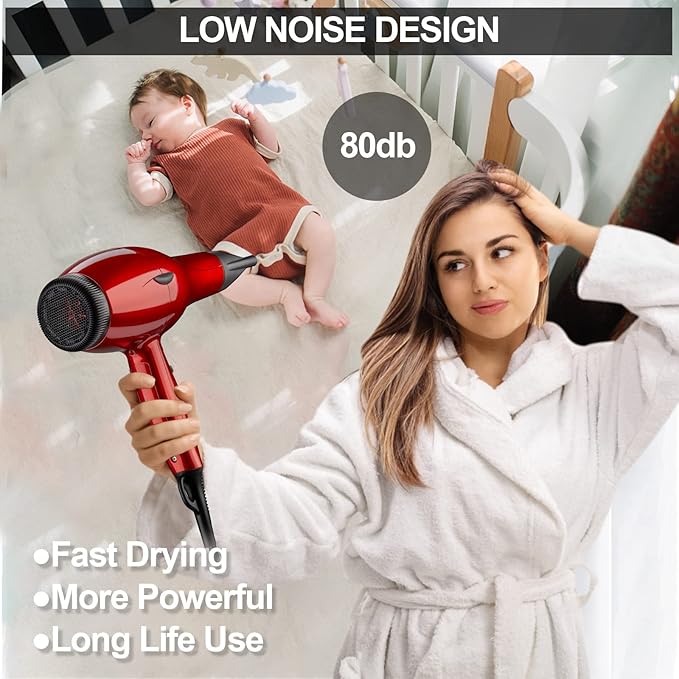 Professional Salon Hair Dryer, 1875W Blow Dryer, 2 Concentrator Nozzles, 3 Heat Settings, 2 Speed Slide Switch, Cool Shot Button, Fast Drying for Family, Low Noise (Cola Red)