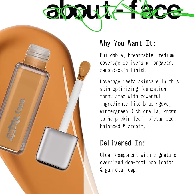 about-face THE PERFORMER Skin-Focused Foundation MD1Warm – Medium Coverage, Long-Wear, Breathable & Buildable Base – Clean, Vegan, Hydrating Formula with Blue Agave & Chlorella – 1.08oz