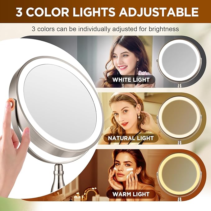 Makeup Mirror with Light, 30x Magnifying Mirror with 3 Lights Colors, 5000mAh Vanity Mirror Brushed Nickel - 360° Rotation, Brightness Adjustable Magnification, Modern Style Side Touch + Side Charge