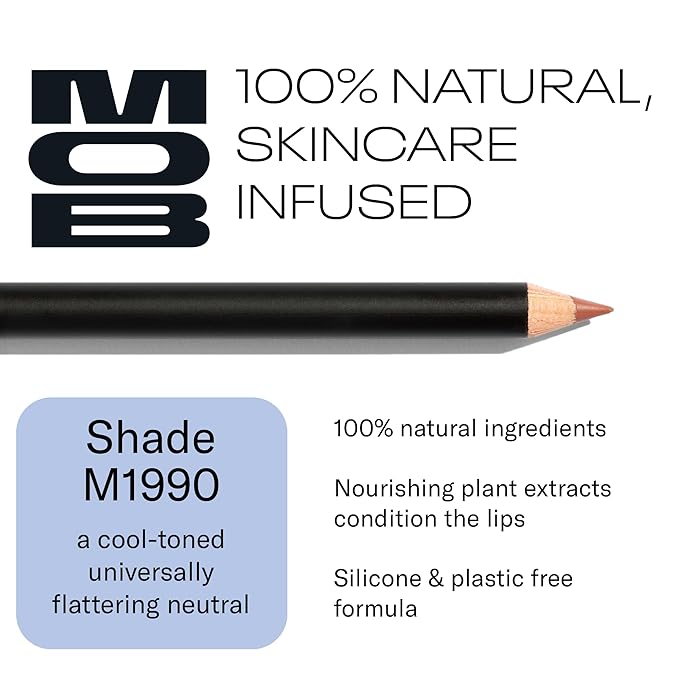 MOB Beauty Smooth Precision Waterproof Lip Liner M1990 Cool Tone Neutral – Long-Wearing, Glide-On Formula with 100% Natural Ingredients, Vegan and Cruelty-Free, Plastic-Free Formula and Packaging