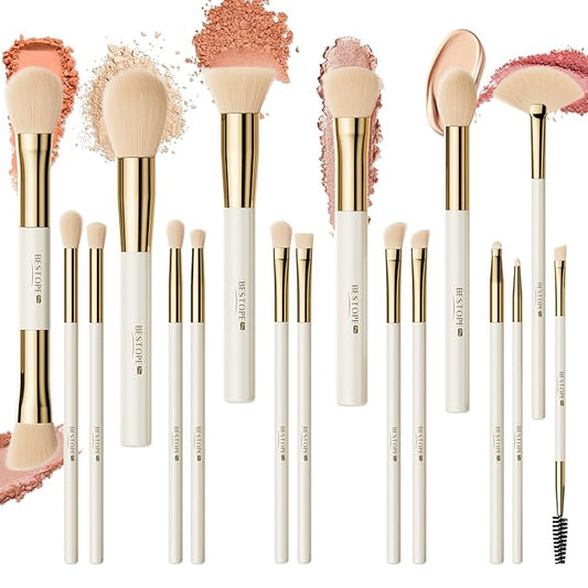 Makeup Brushes Set Professional BESTOPE PRO - 18 Pcs,Double Ended Foundation Concealer Blush Eyeshadow Contour Eyeliner Face Makeup Brush Set,Blending Brush For Makeup With Case Travel,White