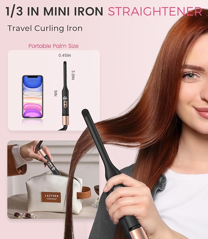 Mini Flat Iron Hair Straightener 1/3 Inch Pencil Flat Iron for Women Portable Travel Straightener and Curler 2 in 1 for Short Hair Beard and Pixie Cut with Adjustable Temp (Rose Gold)