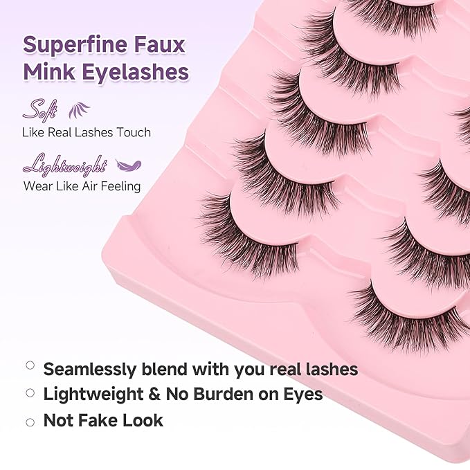False Eyelashes Natural 13mm Wispy Lashes with Thin Band 3D Volume Soft Strip Lashes Pack C Curl Natural Eyelashes Fake Eyelashes 7 Pair