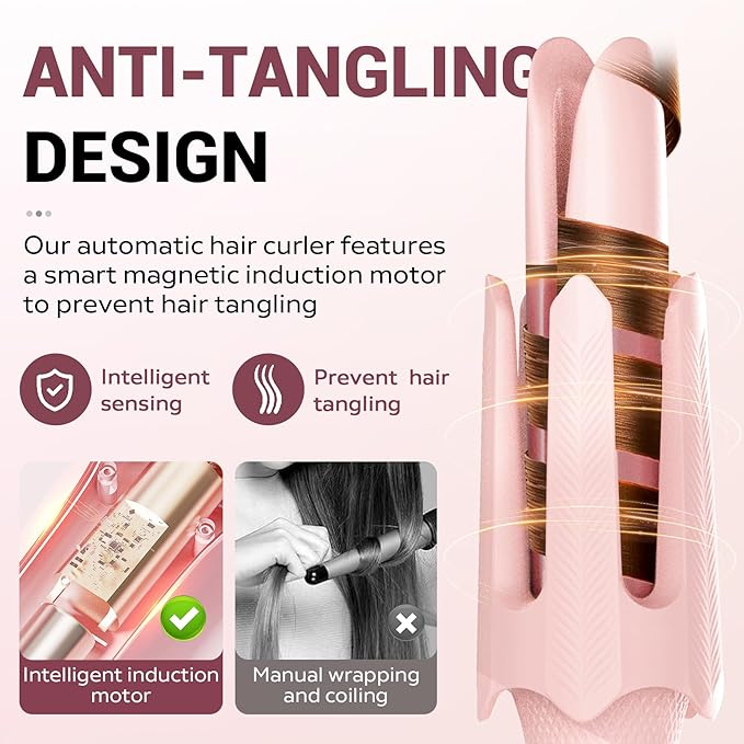 Auto Rotating Hair Curler - 4 Temperature and Timer Settings, Automatic Curling Iron with Automatic Shut-Off, Anti-Tangle and Scalding, Curling Wand for Long Lasting Curls (Pink)