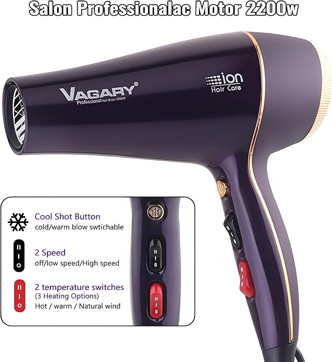 VAGARY 6690A Salon Pro Hair Dryer for Women,2200w Powerful AC Motor Fast Drying, Ionic Blow Dryer for Thick Hair,2 Speeds and 2 Heat Settings 1 Cool Shot Button(1 Diffuser and 1Concentrator)