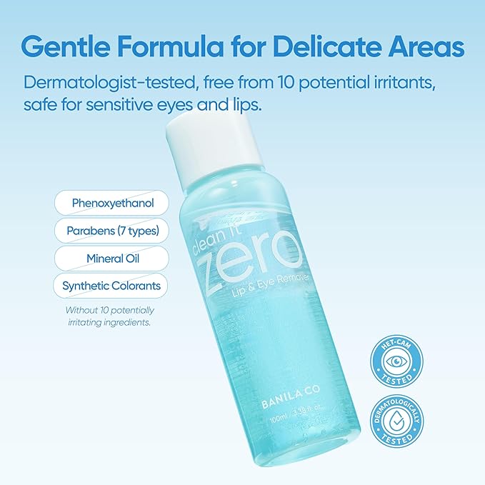 BANILA CO Clean it Zero Lip & Eye Remover | Gentle Bi-Phase Makeup Remover for Waterproof Eye & Lip Makeup | Vegan, Non-Irritating Formula with Coconut & Jojoba Oils (100ml / 3.38 fl.oz)
