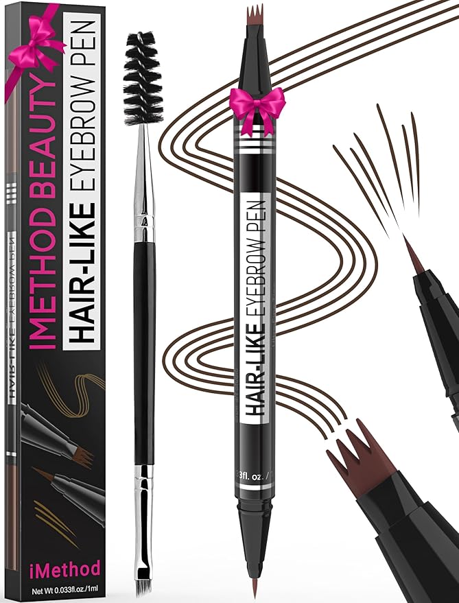 iMethod Eyebrow Pen - Eyebrow Pencil Magical 2-in-1 Eye Brow Pencils for Women with 4-Fork-Tip & Precise Brush-Tip for Natural Hair-Like Brows, Last All-Day, with Eyebrow Spoolie Brush, Dark Brown