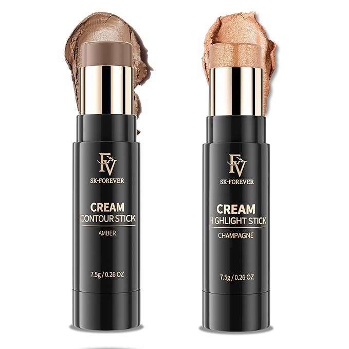 FV Contour and Highlighter Stick, Highly Pigmented & Blendable, Long Lasting & Creamy Texture, Waterproof, Natural Finish Contour Set for Face Sculpting, Travel-Friendly, 01 Amber & 03 Champagne