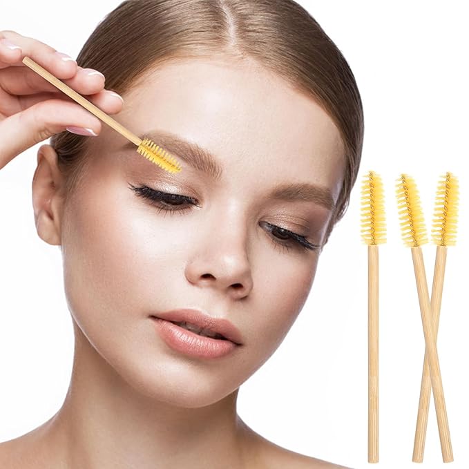 MyAoKuE-UP 100 Pack Bamboo Handle Mascara Wands Disposable Eyelash Brushes Eco-friendly Lash Extension Tool, Yellow