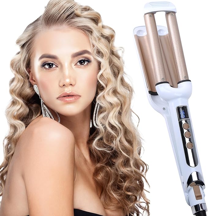 Crimper Hair Iron, Ceramic Hair Crimper Hair Waver 3 Barrel Curling Iron 0.6 inch / 16mm Perm Instant Curls,Hair Crimper and Wavers, Valentines Mothers Day Gifts for Women (Champagne)