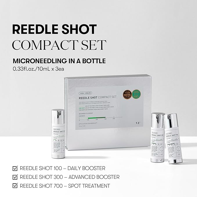 VT COSMETICS Reedle Shot Compact Set, Microneedling Serum Gift Set with Reedle Shot 100, 300, 700, Exfoliating, Anti-Aging, Travel Size Skincare for Women, Holiday Gift (0.34 oz / 10ml Each)