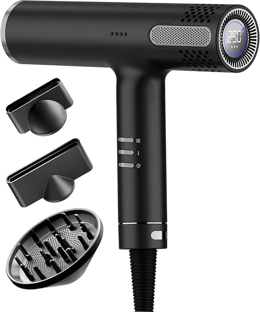Lanvier Hair Dryer with Diffuser, Professional Ionic Blow Dryer with High Speed Brushless Motor, Compact Design for Fast Drying, Intelligent 4 Heat, 3 Airflow Control w/LCD Display for All Hair Types