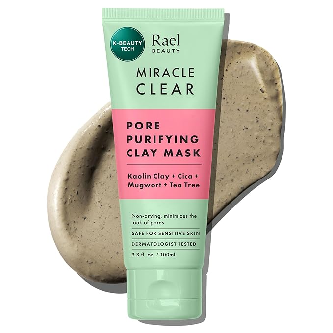 Rael Blackhead Remover, Miracle Clear Clay Mask, Exfoliating Face Wash, Pore Minimizer, Gentle and Hydrating, with Tea Tree, Vegan, Korean Skin Care (3.3 fl oz)
