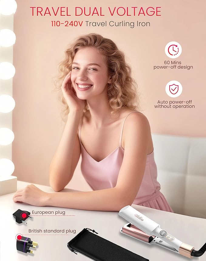 Mini Waver Crimper Hair Tool for Women Short Hair Travel 0.4 inch Double Barrel Small S Waver Curling Iron Dual Voltage (110-240V) with European Plug Adapter, 5 Temps for Dating, Daily (White Gold)