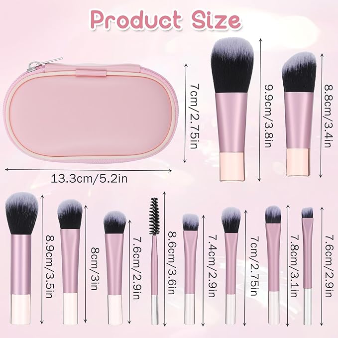 10Pcs Pink Travel Makeup Brush Set with Cosmetic Bag, Mini Makeup Brushes Professional Kit, Portable Make Up Brushes for Foundation, Eyeshadow, Blush and On the Go Application
