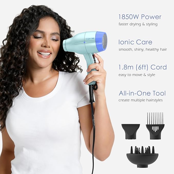 TOME Hair Dryer with Diffuser Blow Dryer Ionic 1875W Cool Shot Curly Hair Teeth Comb Nozzle attachments Light Weight Low Noise Fast Dry Blue