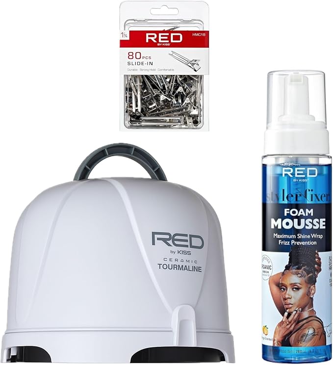 Red by Kiss 3000 Ceramic Tourmaline Professional Hood Dryer + 80pcs Slide-in Hair Clips + Foaming Mousse with Jamaican Black Castor Oil, Complete Hair Styling & Curl Setting Kit for Home & Salon