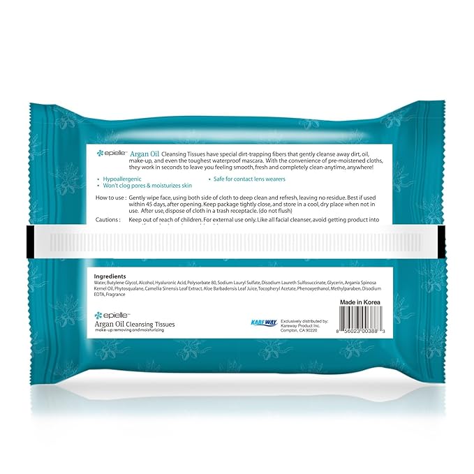 Epielle Argan Oil Makeup Remover Wipes, Gentle Daily Facial Cleanser Towelettes, Remove Dirt, Oil & Waterproof Mascara, Stocking Stuffers, 30 Count (Pack of 6)