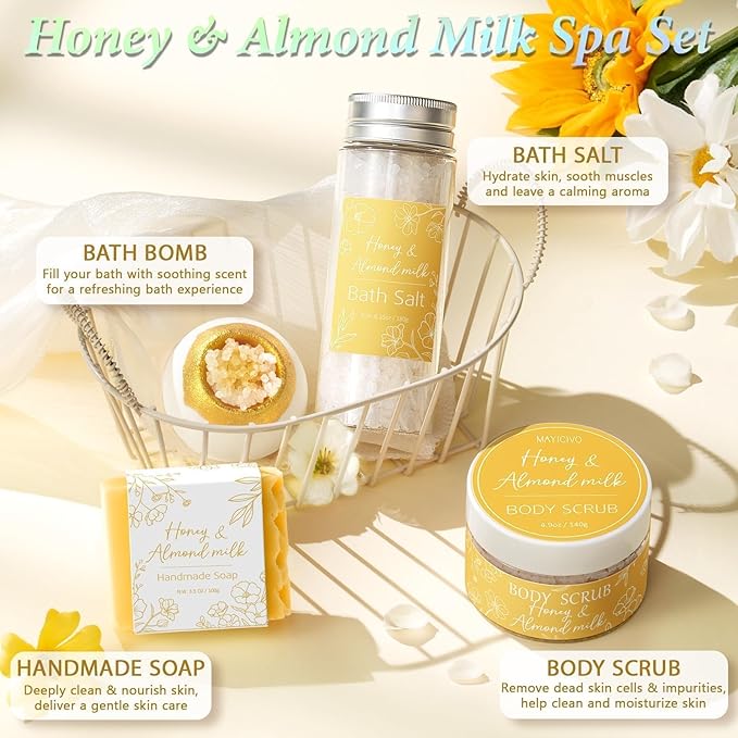 Spa Gifts for Women Bath Gift Set, Honey & Almond Milk Relaxing Spa Gift Baskets Home Bath Self Care Kit Care Package Thank You Birthday Valentines Day Gifts for Her Women Mom Friend Sister Teen Girl