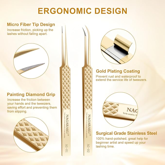 NAGARAKU 1 Pair Precision Fiber Tip Tweezer for Eyelash Extensions Professional Eyelash Tweezers Antistatic Straight & Curved Tip Tweezers with Box(Isolation & Volume Lash Tweezers AG-01 & AG-02)