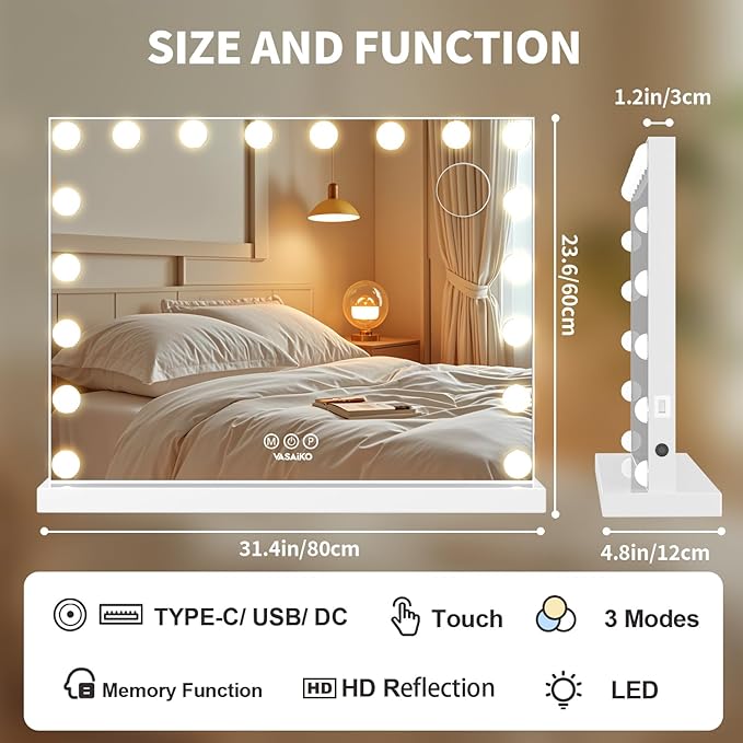 Hollywood Vanity Mirror with Lights, 31.4" x 23.6" Makeup Mirror with 18 LED Dimmable Bulbs, 3 Color Modes, 10X Magnification, USB Charging Port Touch Control
